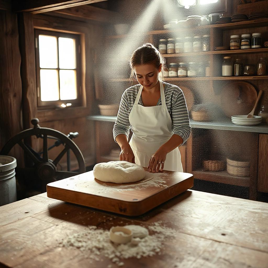 Eine Frau knetet Teig in einem atmosphärischen Backraum.